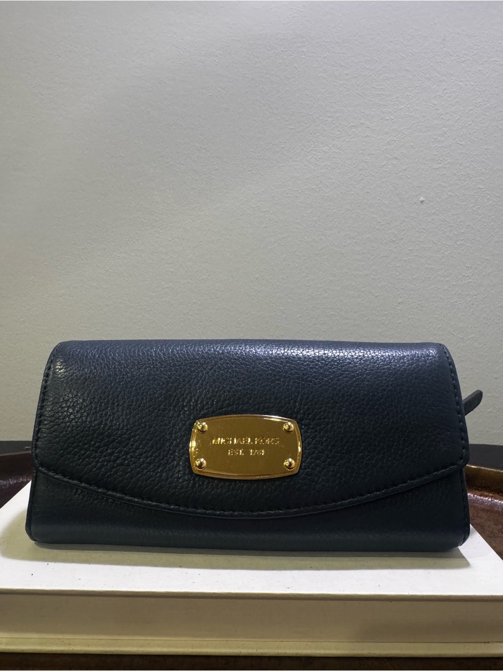 Michael Kors Navy Pebbled Leather Wallet with Gold Plate